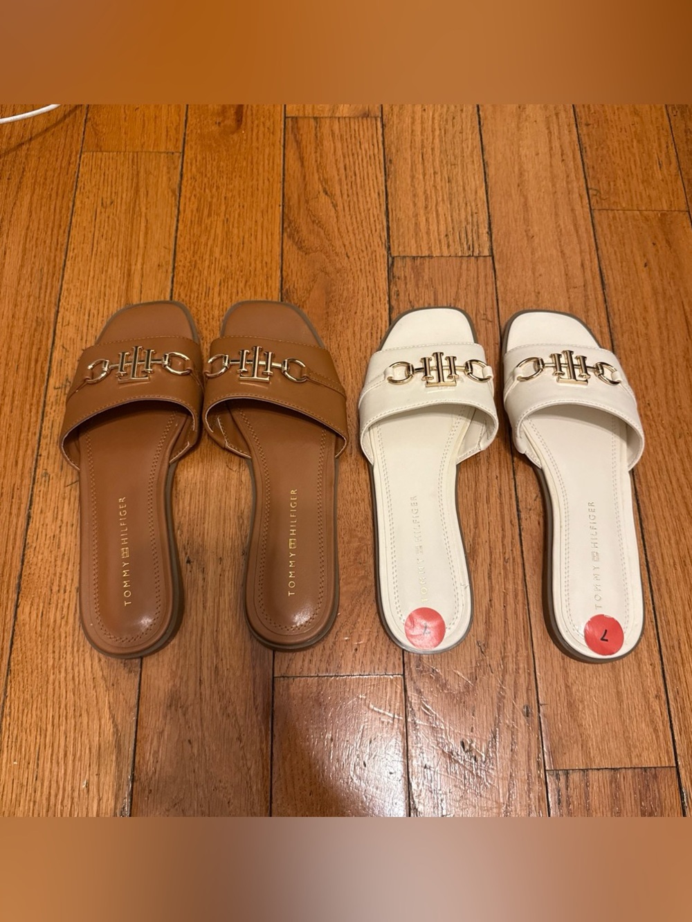 Tommy Hilfiger Leather Slide Mules in Brown and White